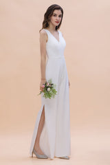 Stylish V-neck Sleeveless White Lace Bridesmaid Jumpsuit Online