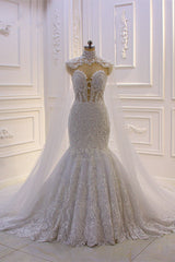 Stylish V-Neck Tulle Lace Wedding Dress Mermaid Appliques Beadings Bridal Gowns with Wraps