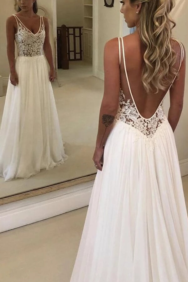 Summer Beach Lace Wedding Dress V-Neck Chiffon Bridal Gown