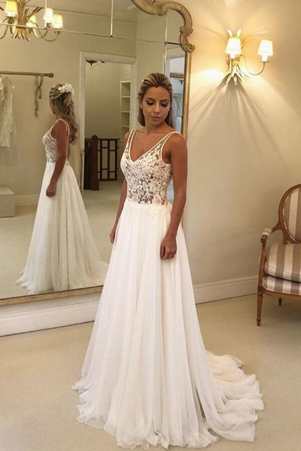 Summer Beach Lace Wedding Dress V-Neck Chiffon Bridal Gown