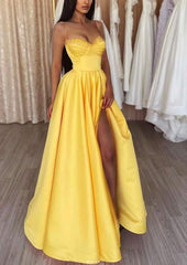 Sweetheart A-Line Spaghetti Straps Satin Prom Dress/Evening Dress With Beading Pleated Split