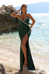 Sweetheart Dark Green Prom Dress Mermaid Slit With Beads