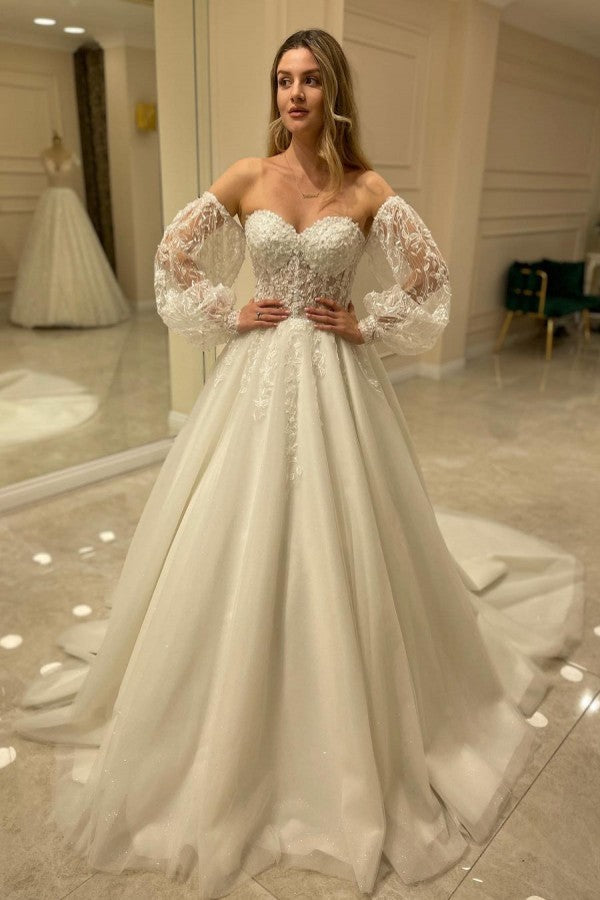 Sweetheart Lace Wedding Dress Detachable Sleeves