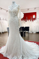 Sweetheart Long Sleeves Tulle Ivory Mermaid Wedding Dresses