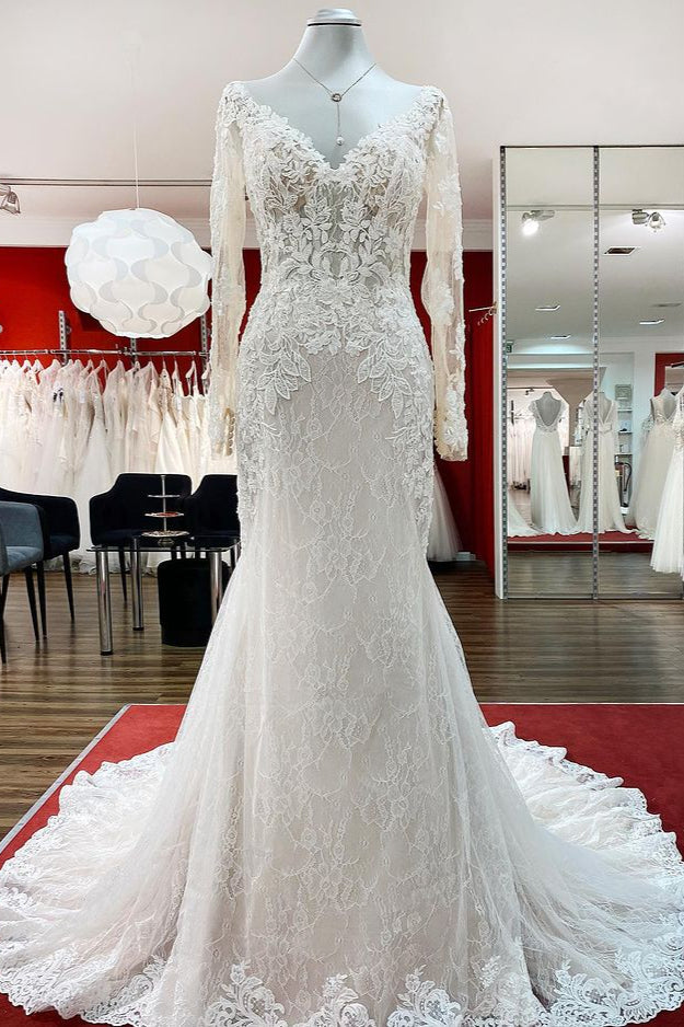 Sweetheart Long Sleeves Tulle Ivory Mermaid Wedding Dresses