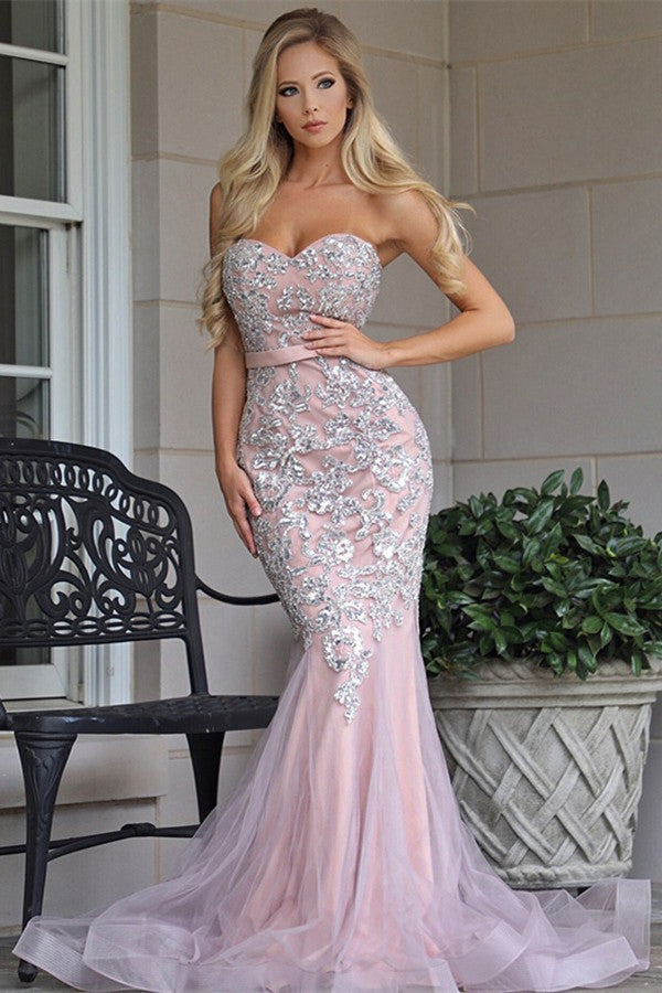 Sweetheart Pink Mermaid Prom Dress With Lace Appliques