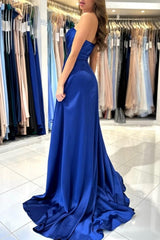 Sweetheart Charming Long Royal Blue Sleeveless Prom Gown With Stylish Slit