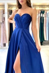 Sweetheart Charming Long Royal Blue Sleeveless Prom Gown With Stylish Slit