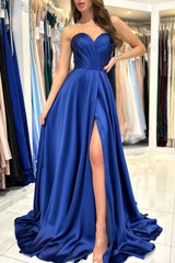 Sweetheart Charming Long Royal Blue Sleeveless Prom Gown With Stylish Slit