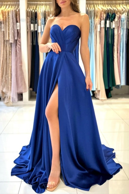 Sweetheart Charming Long Royal Blue Sleeveless Prom Gown With Stylish Slit