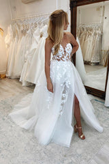 Sweetheart White Wedding Dress Princess Long Slit With Appliques