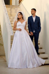 Trendy Floor-Length Sweetheart Spaghetti Strap Sleeveless A-Line Satin Wedding Gown with Beaded Details