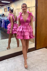 Trendy Pink A-Line Tiered Homecoming Dress with Bow