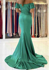 Trumpet/Mermaid Off-the-Shoulder Satin Prom Dress/Evening Dress With Pleated Sweep Train