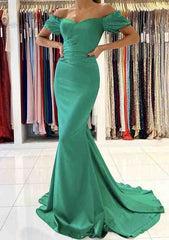 Trumpet/Mermaid Off-the-Shoulder Satin Prom Dress/Evening Dress With Pleated Sweep Train