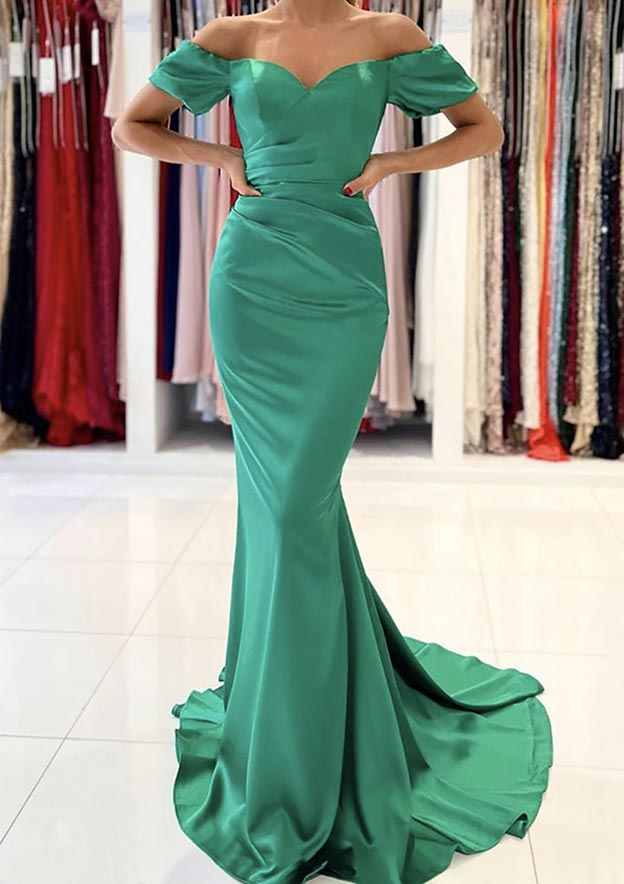 Trumpet/Mermaid Off-the-Shoulder Satin Prom Dress/Evening Dress With Pleated Sweep Train