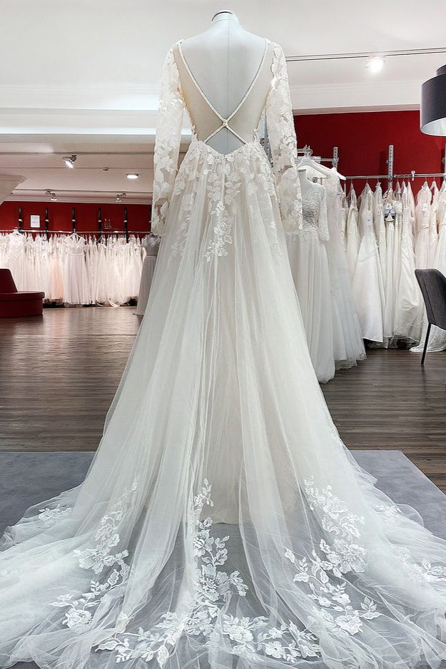  Tulle Ivory Long Sleeves Lace Appliques Wedding Dresses Long