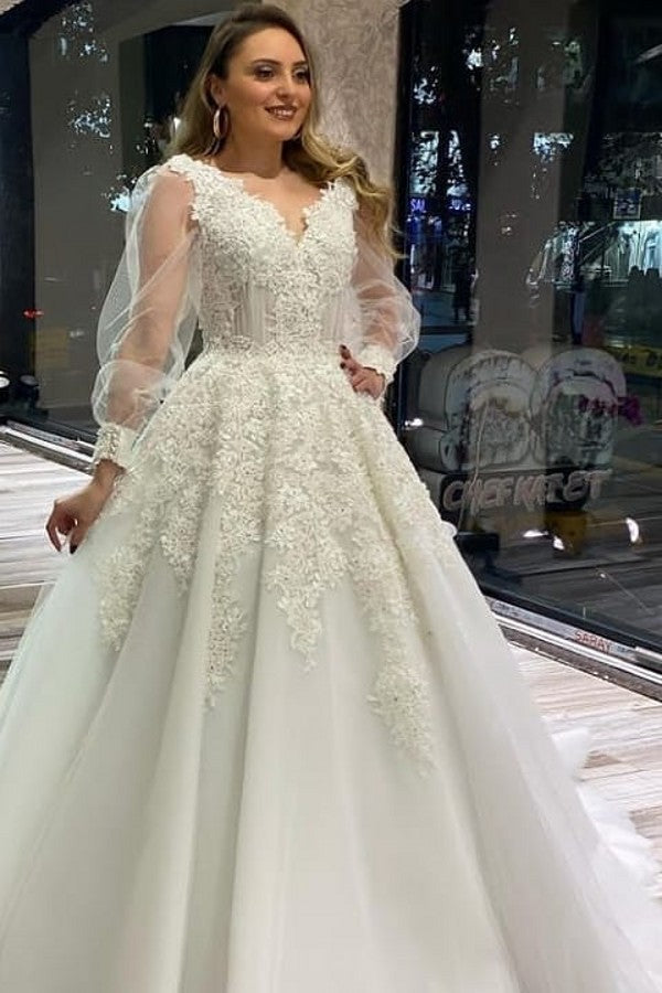 Tulle Long Sleeves Ball Gown Wedding Dress With Lace Appliques