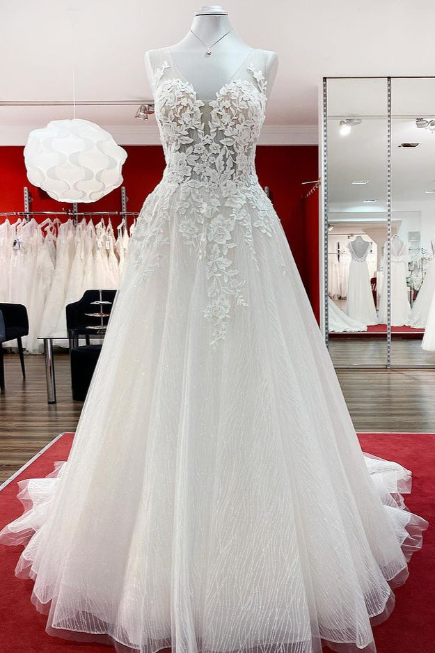 Tulle Sleevless Ruffles Jewel  A-Line Wedding Dresses With Lace Appliques