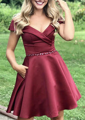 Turn Heads in A-Line Off-the-Shoulder Sleeveless Satin Mini Homecoming Dress With Beading Pockets