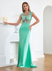 Designer Turquoise Crew neck Cap sleeve Lace appliques Curves/Mermaid Floor Length Dress