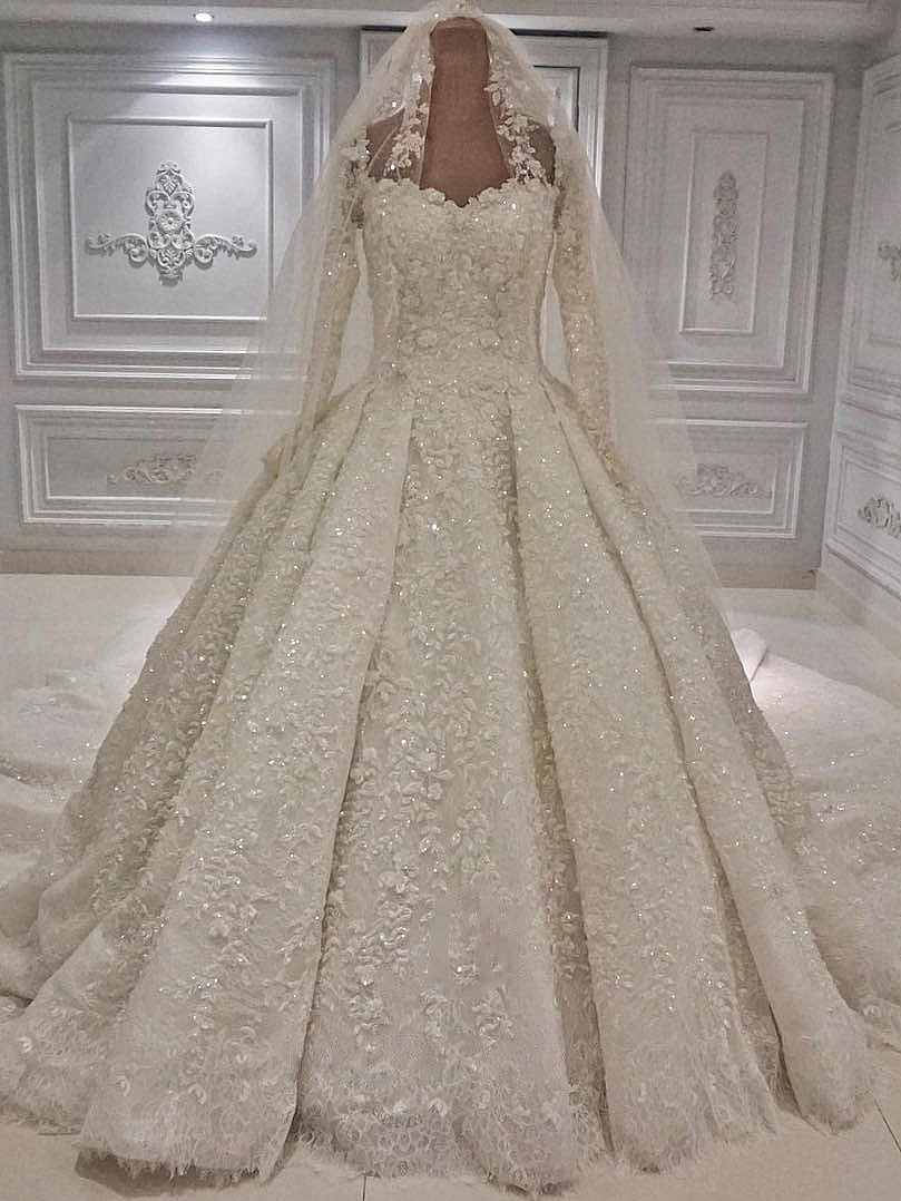 Unique A-line Ruffles Lace Wedding Dresses With Appliques Longsleeves Ivory Bridal Gowns On Sale