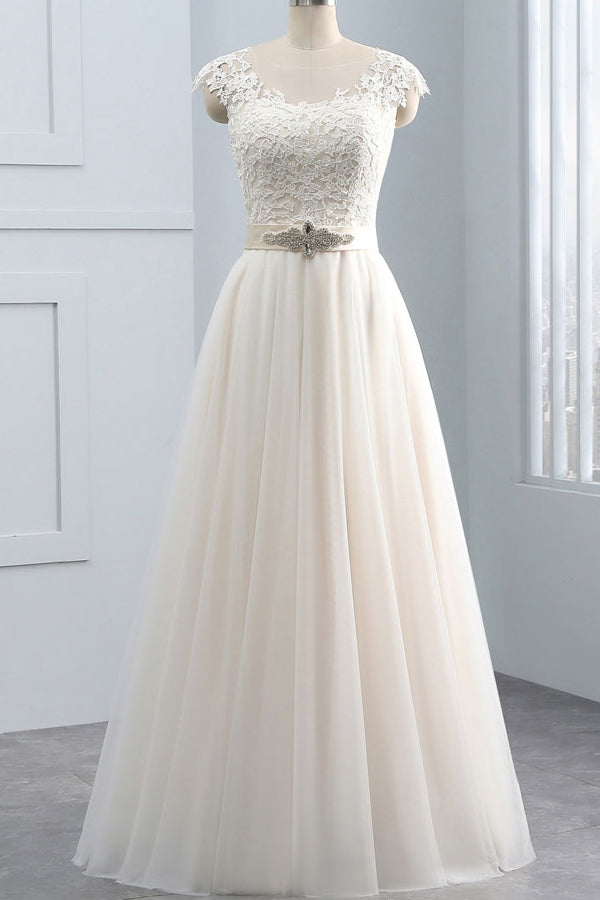 Unique Appliques Champagne Sleeveless Wedding Dresses Straps Chiffon A-line Bridal Gown On Sale