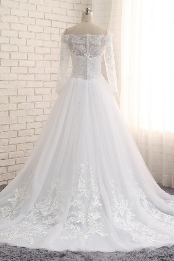 Unique Bateau Longsleeves A-line Wedding Dresses With Appliques White Tulle Bridal Gowns On Sale