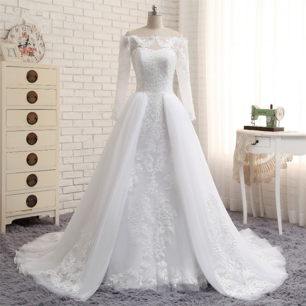 Unique Bateau Longsleeves A-line Wedding Dresses With Appliques White Tulle Bridal Gowns On Sale