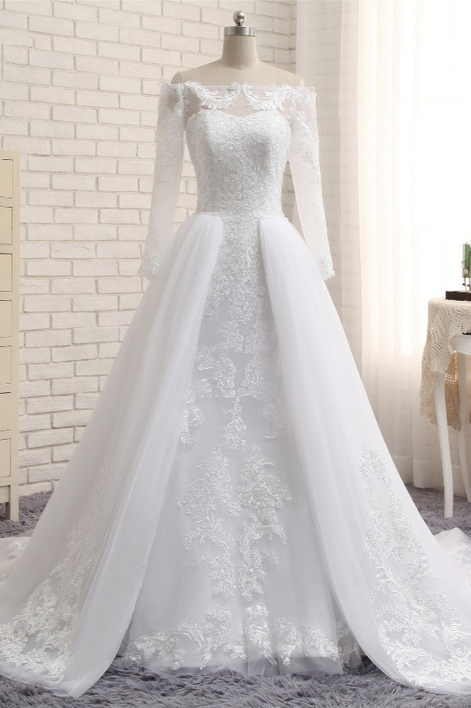 Unique Bateau Longsleeves A-line Wedding Dresses With Appliques White Tulle Bridal Gowns On Sale