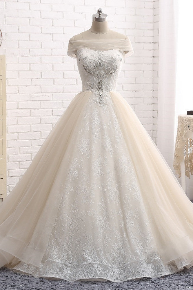 Unique Champagne Bateau Lace Wedding Dresses With Appliques Tulle Ruffles Bridal Gowns Online