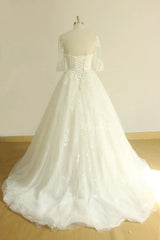 Unique Halfsleeves Lace Tulle Wedding Dress A-line White Appliques Bridal Gowns On Sale