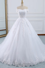 Unique Off the Shoulder Appliques Lace Wedding Dress Ball Gown White A-line Bridal Gowns On Sale