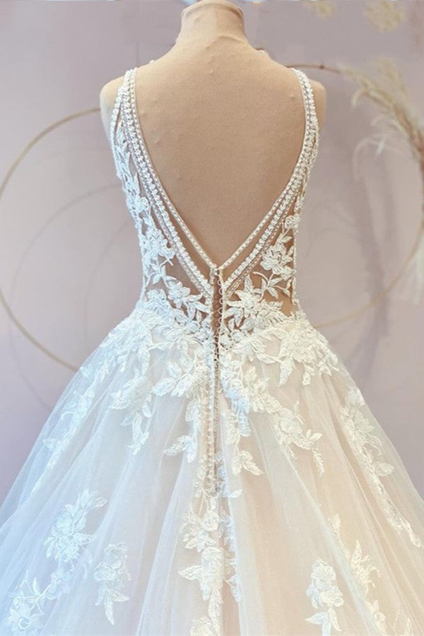 V-Neck Bridal Dress Sleeveless Tulle With Lace Appliques