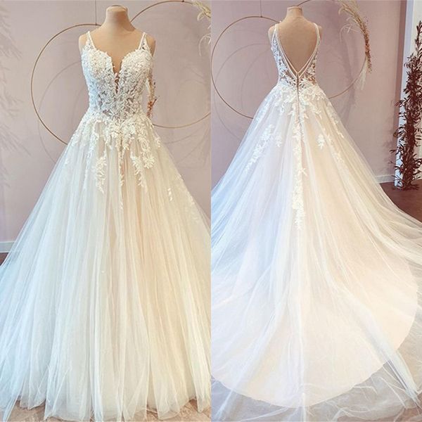 V-Neck Bridal Dress Sleeveless Tulle With Lace Appliques