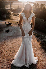 V-Neck Cap Sleeves Wedding Dress Mermaid With Appliques