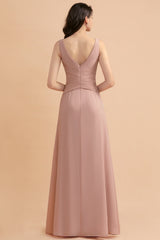 V-Neck Dusty Rose Chiffon Bridesmaid Dress with Ruffles