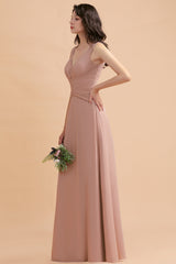 V-Neck Dusty Rose Chiffon Bridesmaid Dress with Ruffles