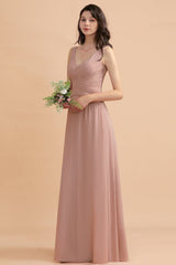 V-Neck Dusty Rose Chiffon Bridesmaid Dress with Ruffles