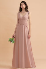 V-Neck Dusty Rose Chiffon Bridesmaid Dress with Ruffles