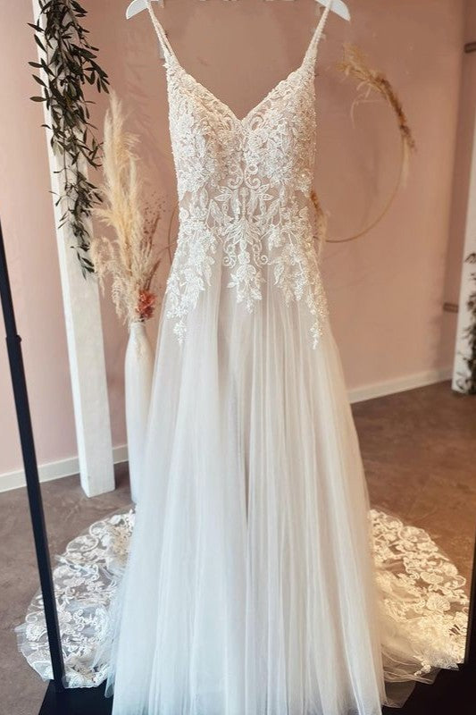 V-Neck Lace Wedding Dress Spaghetti-Straps Tulle Appliques