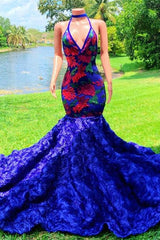 V-Neck Royal Blue Prom Dress Mermaid Sleeveless With Flowers