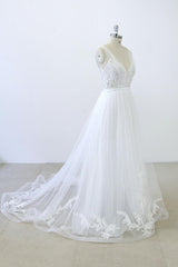 V-neck Ruffle Applqiues Tulle A-line Wedding Dress On Sale