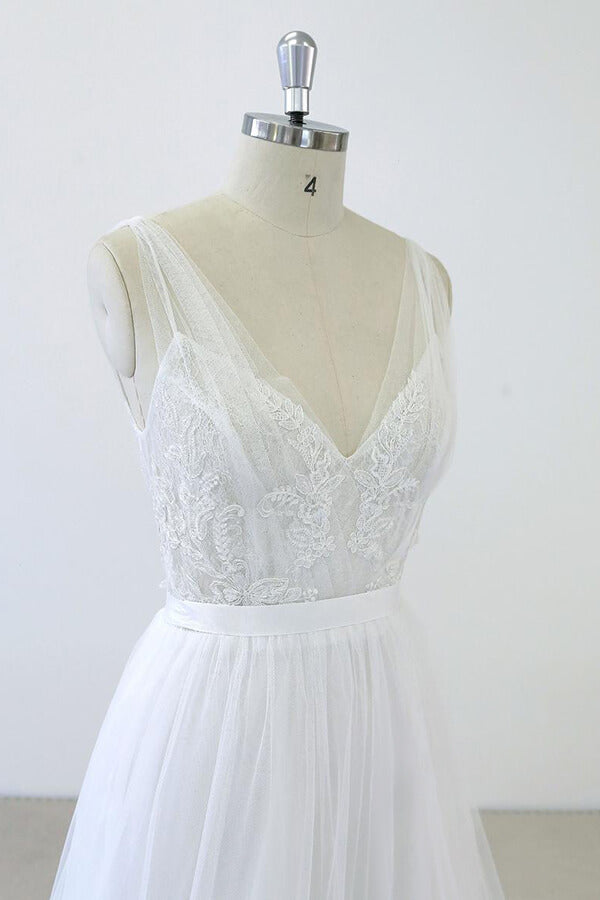 V-neck Ruffle Applqiues Tulle A-line Wedding Dress On Sale