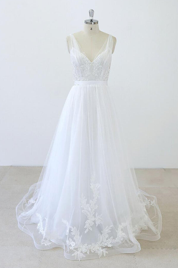 V-neck Ruffle Applqiues Tulle A-line Wedding Dress On Sale