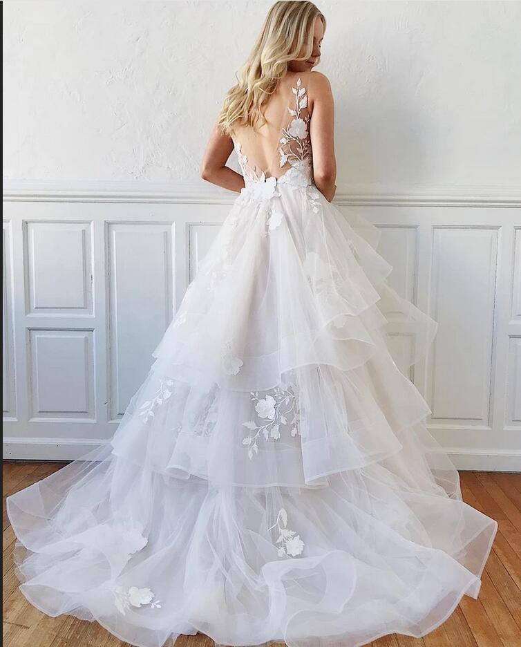 V-Neck Sleeveless Appliques Wedding Dress With Ruffles