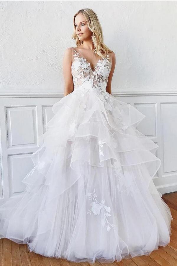 V-Neck Sleeveless Appliques Wedding Dress With Ruffles