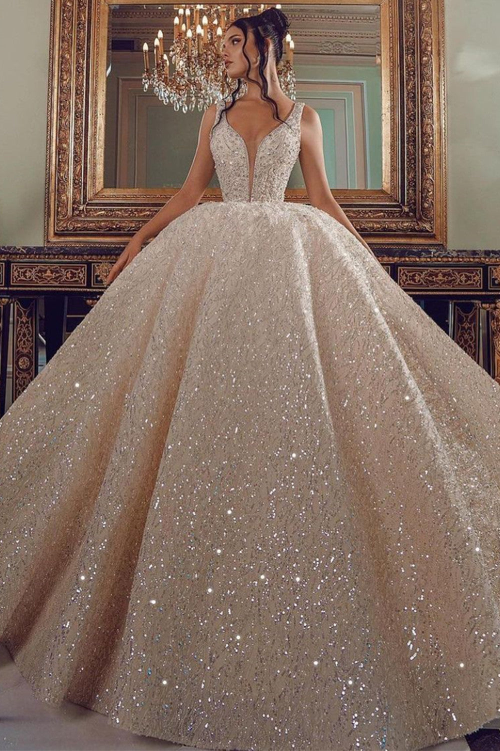 V-Neck Sleeveless Ball Gown Wedding Dress With Sequins