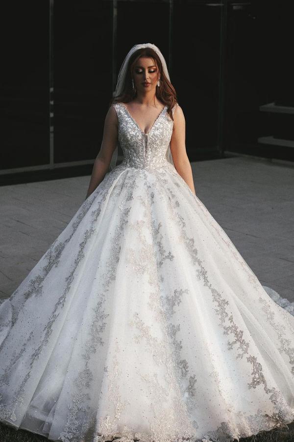 V-Neck Sleeveless Ball Gown Wedding Dress With Silver Applqiues