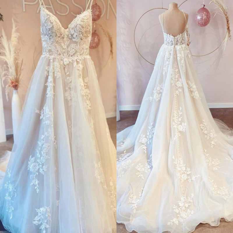 V-Neck Sleeveless Lace Wedding Dress Online